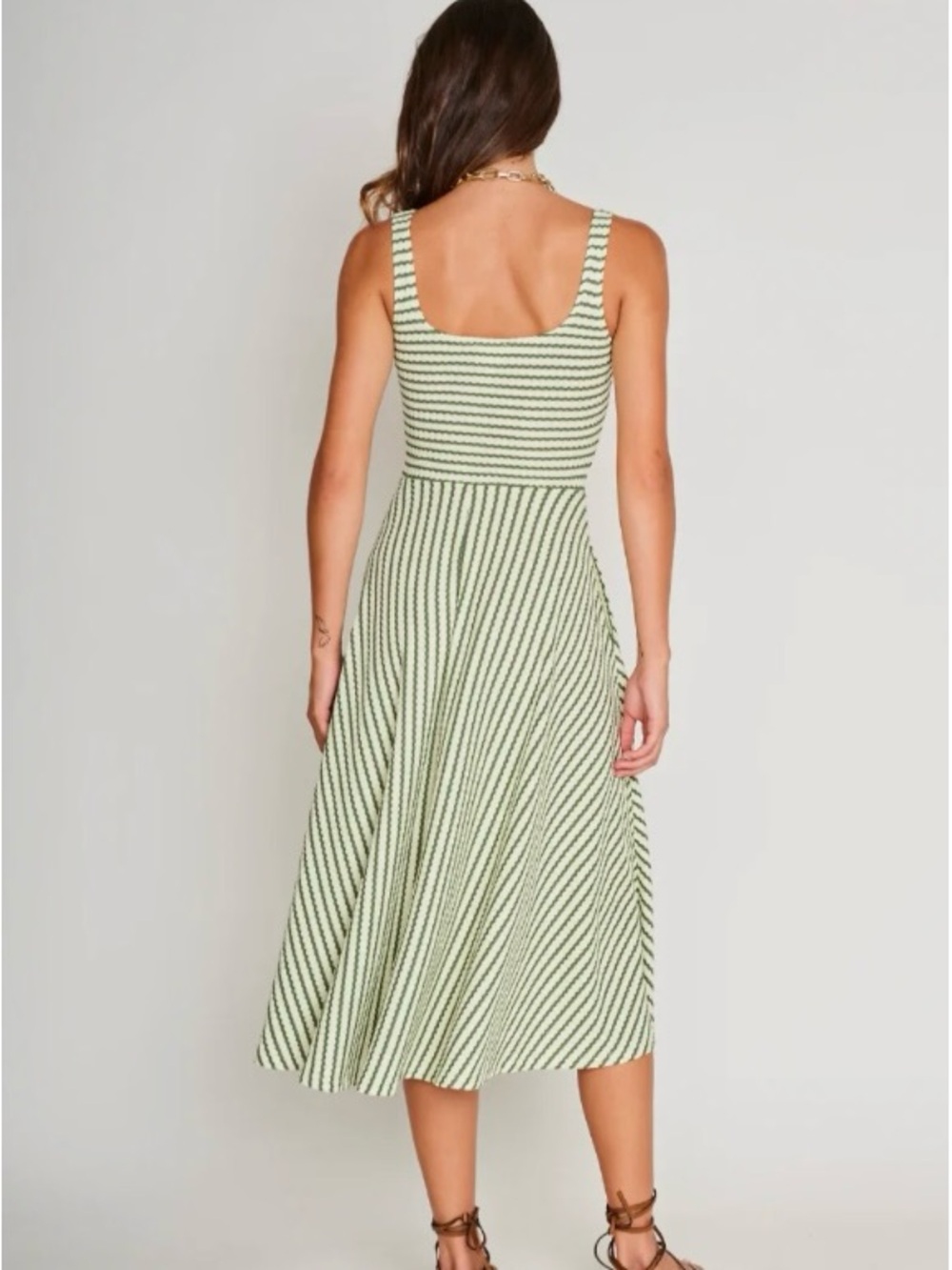 dRA Los Angeles Audrey Fit & Flare Tank Pistachio Cream Stripe Midi Dress, Large - Picture 2 of 5